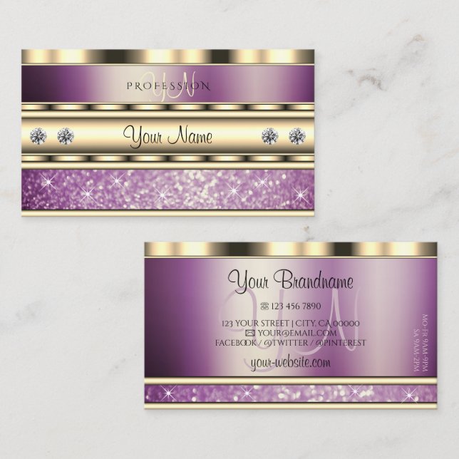 Luxury Gold Sparkling Purple Glitter with Monogram Business Card (Front/Back)