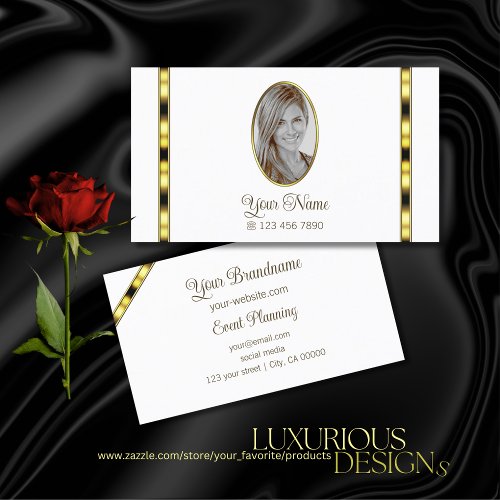 Luxury Gold Stripes on White with Oval Image Photo Business Card