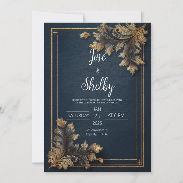 Luxury Gold Swirl Navy Blue Ornate Wedding Invitation (Front)