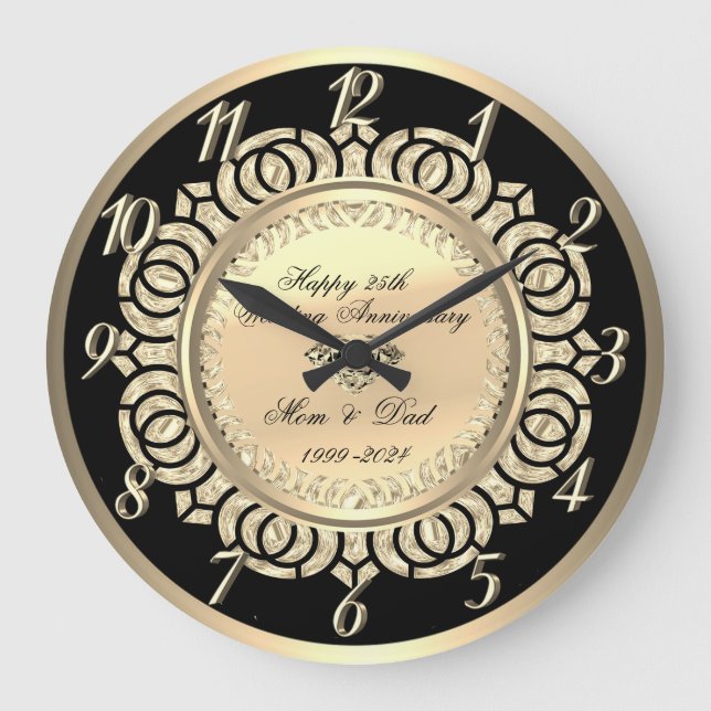 Luxury Gold Swirls Black 25th Wedding Anniversary  Large Clock (Front)