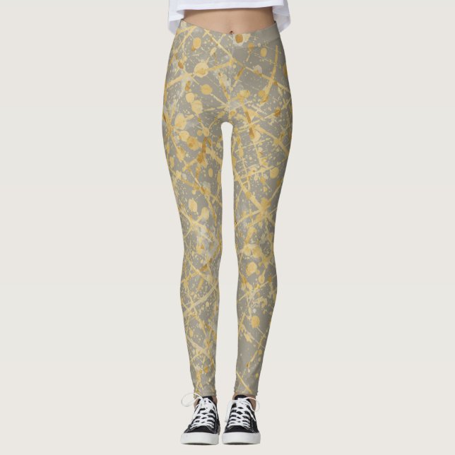 Luxury, Gold Taupe  Polka Dots Lines Pattern Leggings (Front)