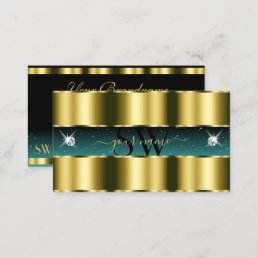 Luxury Gold Teal Black Sparkling Diamonds Initials Business Card
