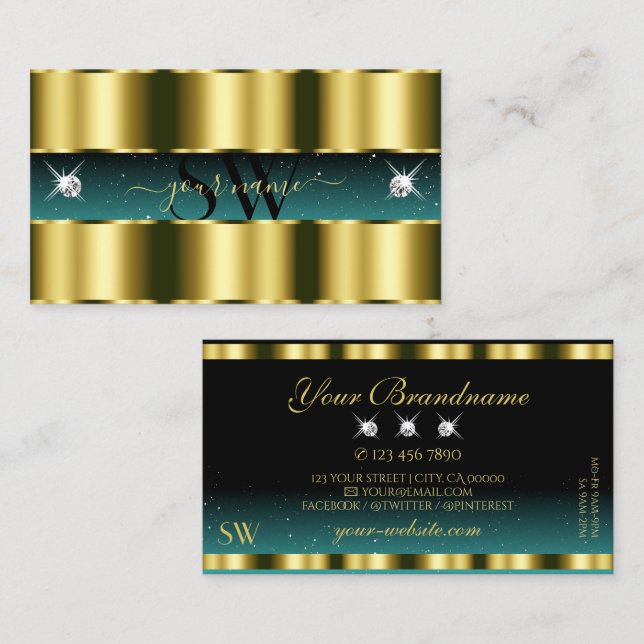Luxury Gold Teal Black Sparkling Diamonds Initials Business Card (Front/Back)