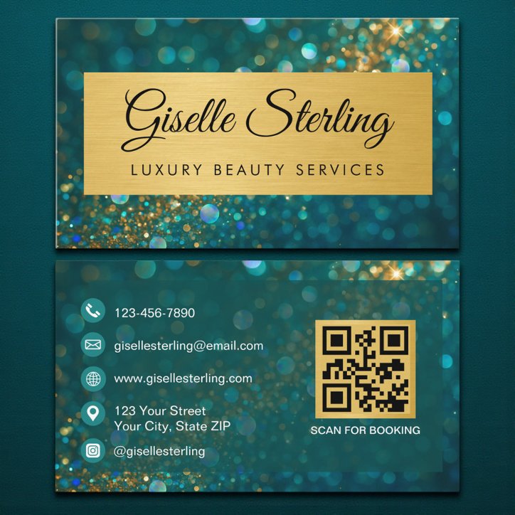 Luxury Gold Teal Opal Glitter QR Code Business Card