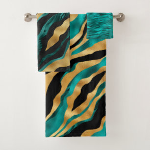 Luxury Gold Teal Tiger Stripe Pattern Bath Towel Set