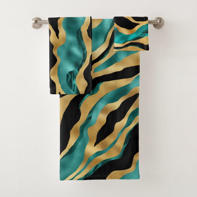 Luxury Gold Teal Tiger Stripe Pattern Bath Towel Set (Insitu)