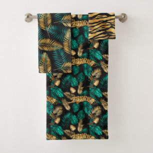 Luxury Gold Teal Tiger & Tropical Leaves Bath Towel Set