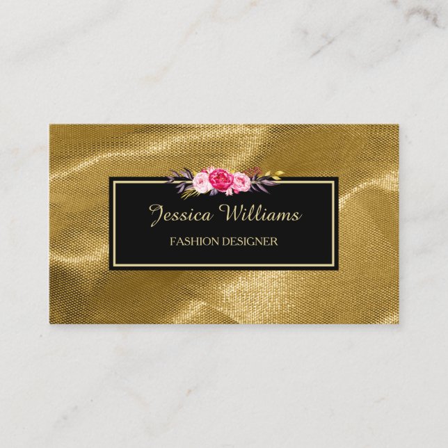 Luxury Gold Textile Pink Floral Fashion Designer Business Card (Front)