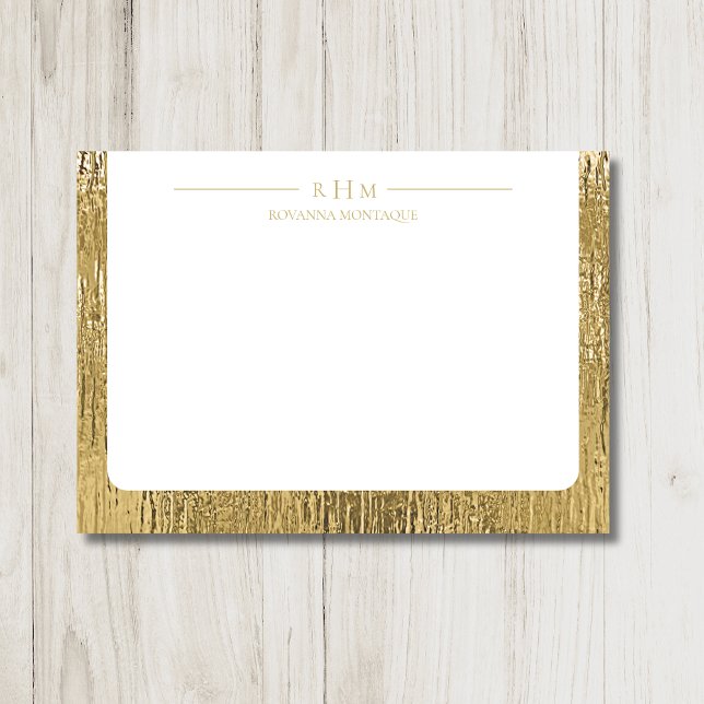 Luxury Gold Texture Lined Name Three Monogram Note Card (Creator Uploaded)