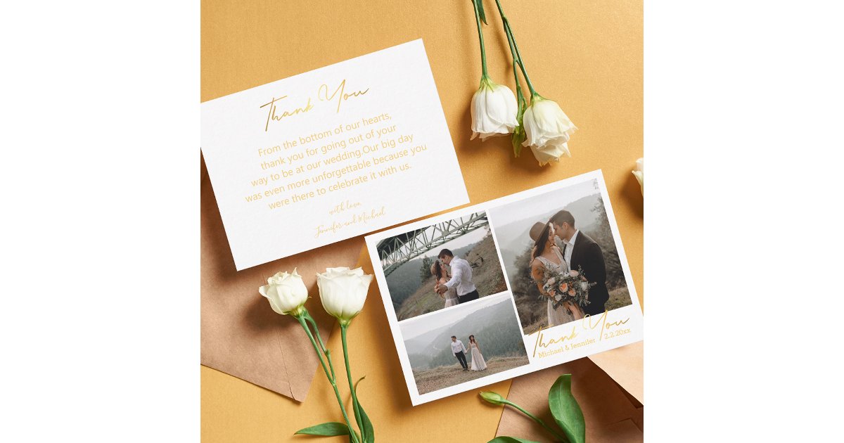 luxury gold thank you 3 photo collage wedding chic note card | Zazzle