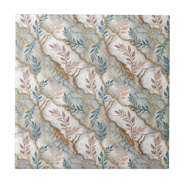 Luxury Gold Vein Gray Marble Botanical Pattern Art Ceramic Tile (Front)