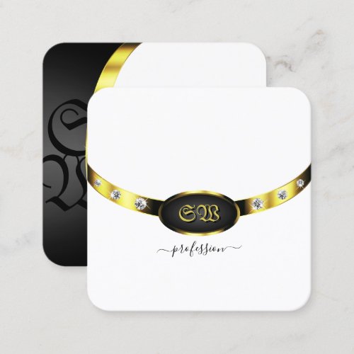 Luxury Gold White and Black Monogram with Diamonds Square Business Card