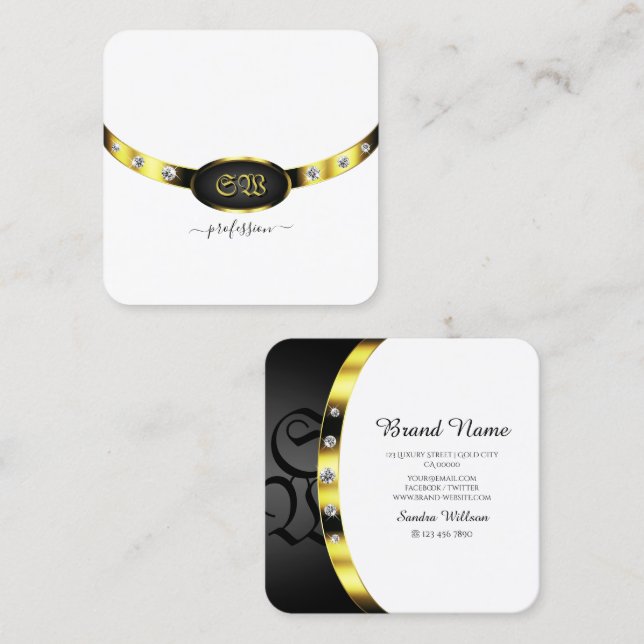 Luxury Gold White and Black Monogram with Diamonds Square Business Card (Front/Back)