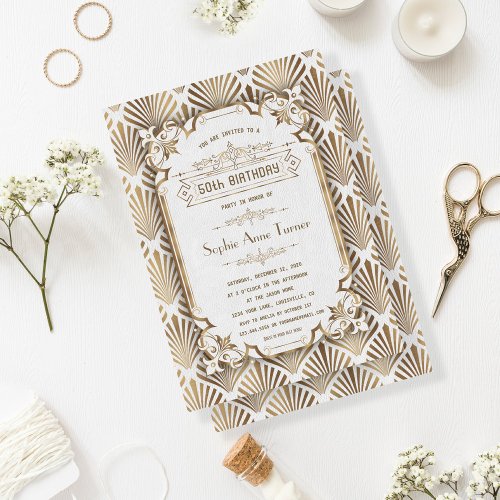 Luxury Gold White Art Deco Gatsby 50th Birthday Invitation