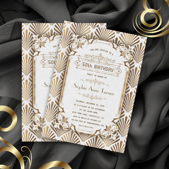 Luxury Gold White Art Deco Gatsby 50th Birthday Invitation (Creator Uploaded)