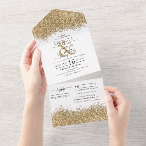Luxury Gold White Glitter Confetti Wedding All In One Invitation