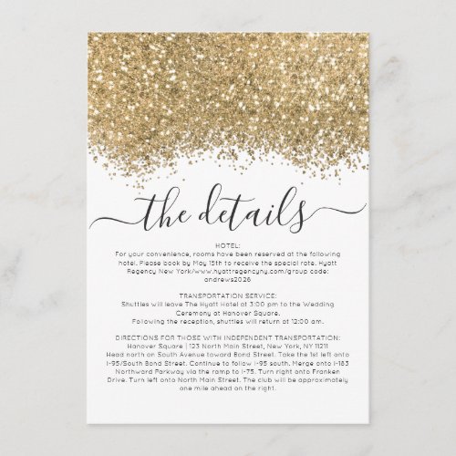 Luxury Gold White Glitter Confetti Wedding Details Enclosure Card