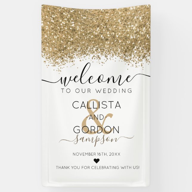 Luxury Gold White Glitter Confetti Wedding Welcome Banner (Vertical)