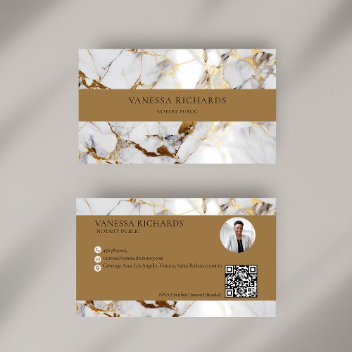 Luxury Gold White Gray QR Code Notary Photo  Business Card