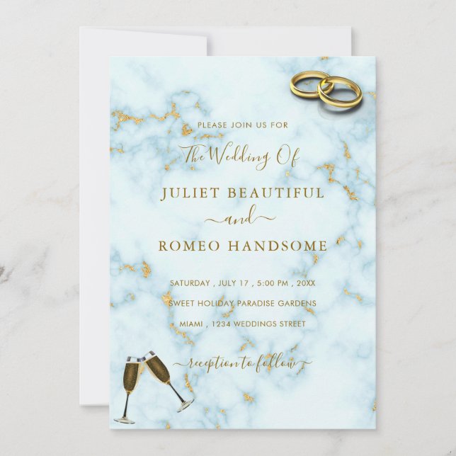 Luxury Gold White Marble Rings Wedding Invitation (Front)