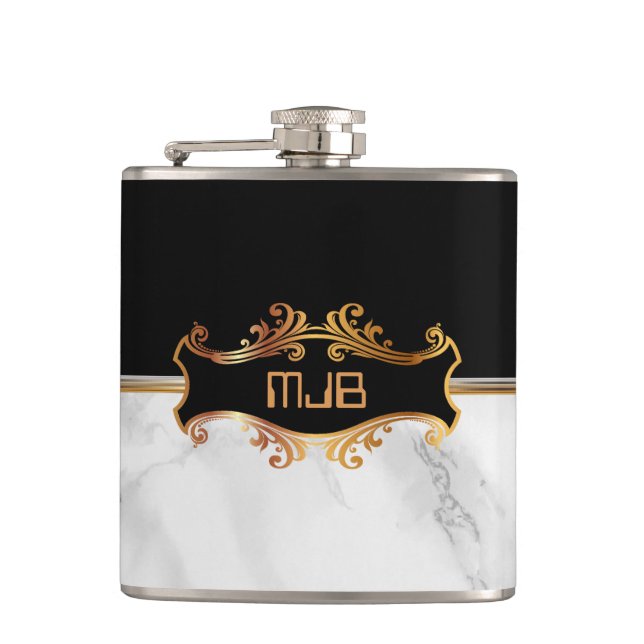 Luxury Gold with Black and White Marble Flask (Front)