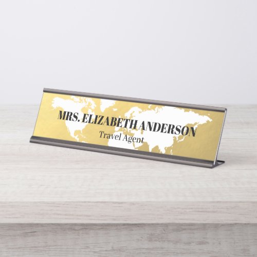 Luxury Gold World map travel agency Desk Name Plate