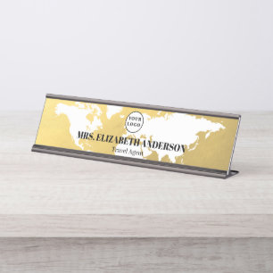 Luxury Gold World map travel agency with logo Desk Name Plate