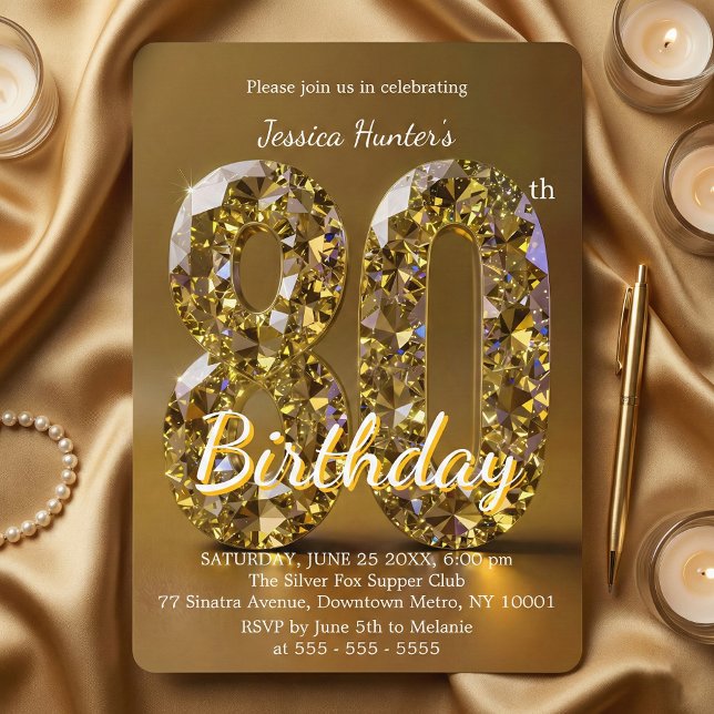 Luxury Gold Yellow Diamond Gemstone 80th Birthday Invitation (Creator Uploaded)