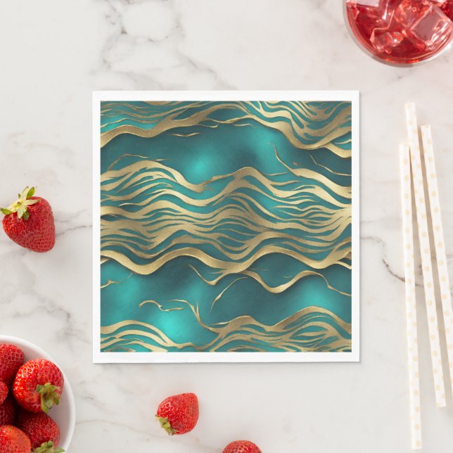 Luxury Golden Beige Swirl Turquoise Teal Blue  Napkins (Insitu)