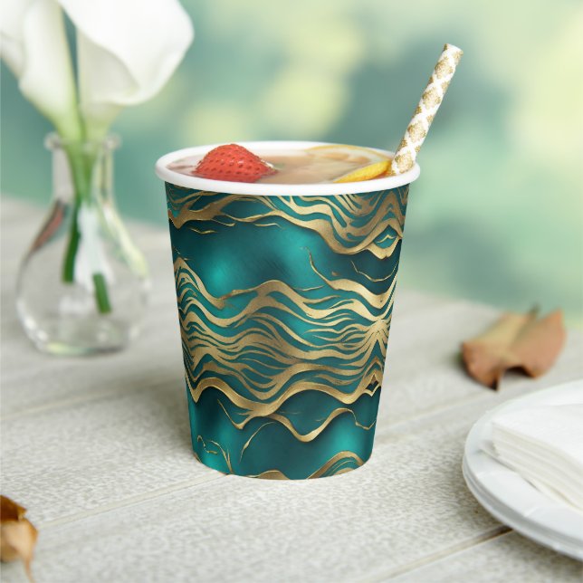 Luxury Golden Beige Swirl Turquoise Teal Blue  Paper Cups (Insitu)