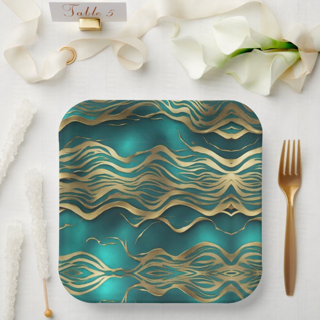 Luxury Golden Beige Swirl Turquoise Teal Blue  Paper Plates (Wedding)
