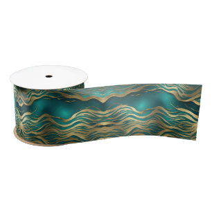 Luxury Golden Beige Swirl Turquoise Teal Blue Satin Ribbon