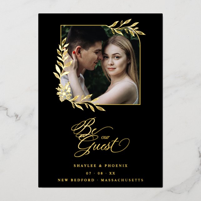 Luxury Golden Branches Frame Chic Photo Wedding Foil Invitation (Front)