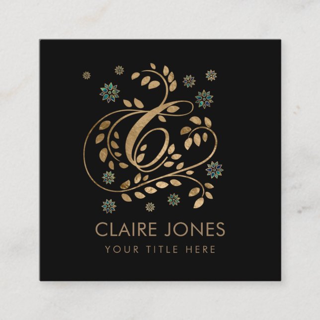 Luxury Golden Calligraphy Monogram with letter C Square Business Card (Front)