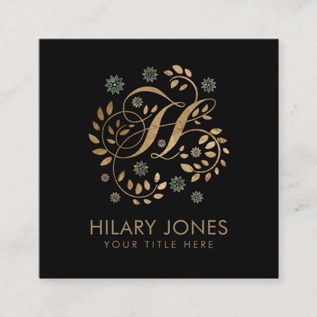 Luxury Golden Calligraphy Monogram with letter H Square Business Card (Front)