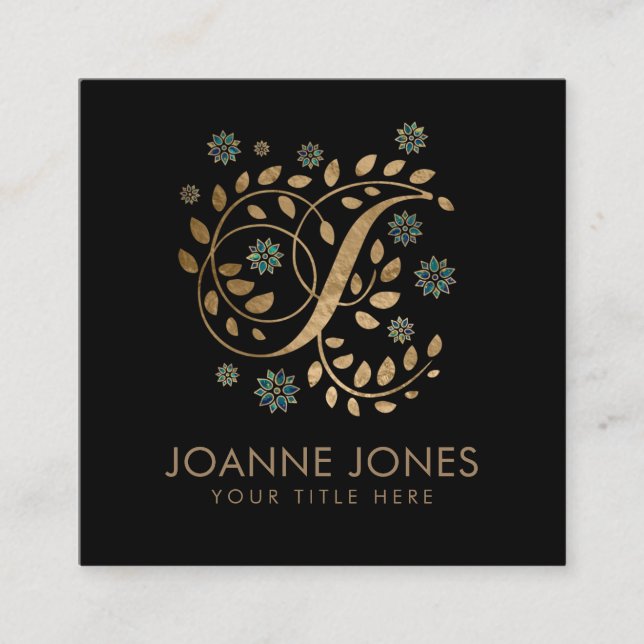 Luxury Golden Calligraphy Monogram with letter J Square Business Card (Front)