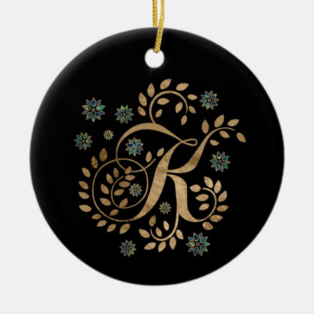 Luxury Golden Calligraphy Monogram with letter K Ceramic Ornament (Front)