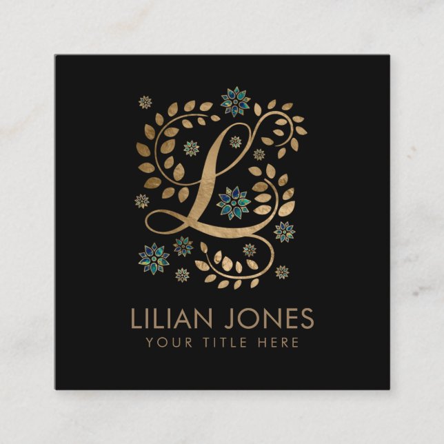 Luxury Golden Calligraphy Monogram with letter L Square Business Card (Front)
