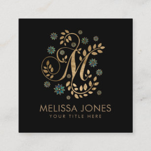 Luxury Golden Calligraphy Monogram with letter M Square Business Card