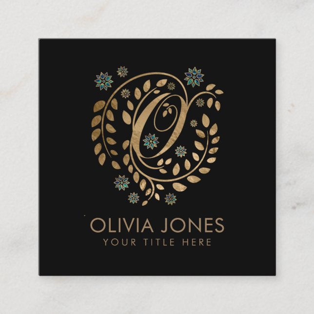 Luxury Golden Calligraphy Monogram with letter O Square Business Card (Front)