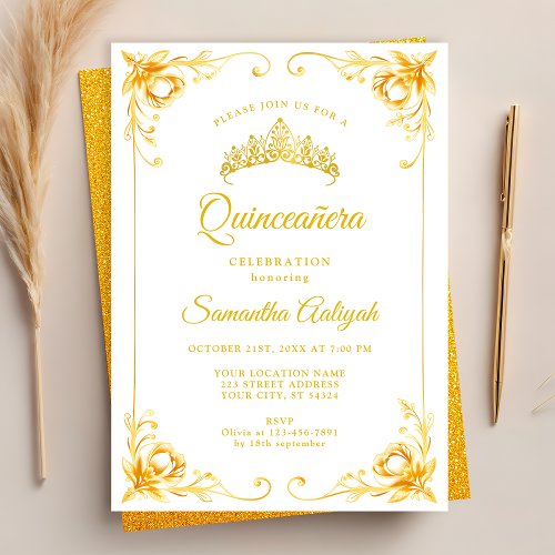 Luxury Golden Crown White and Gold Quinceanera Invitation