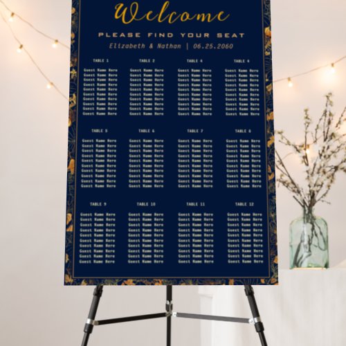 Luxury Golden Floral Navy Blue Frame Seating Chart Foam Board