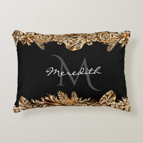    Luxury Golden Flowers Elegant Chic Classy Black Accent Pillow