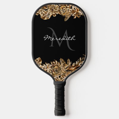    Luxury Golden Flowers Elegant Chic Classy Black Pickleball Paddle