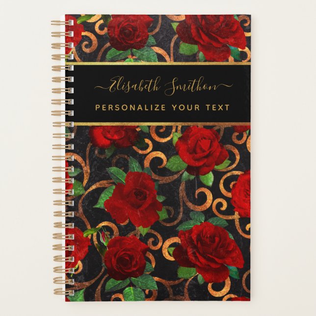    Luxury Golden Flowers Elegant Chic Classy Black Planner (Front)