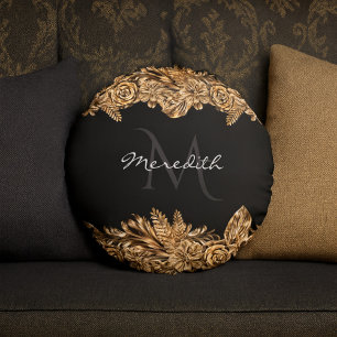Luxury Golden Flowers Elegant Chic Classy Black Round Pillow