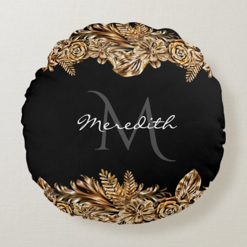    Luxury Golden Flowers Elegant Chic Classy Black Round Pillow