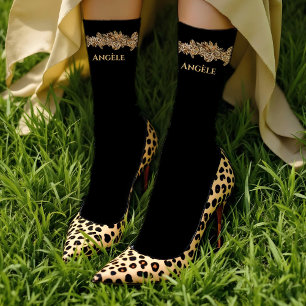 Luxury Golden Flowers Elegant Chic Classy Black Socks