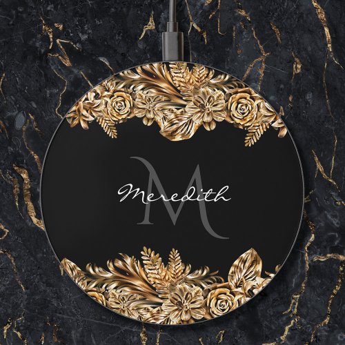    Luxury Golden Flowers Elegant Chic Classy Black Wireless Charger