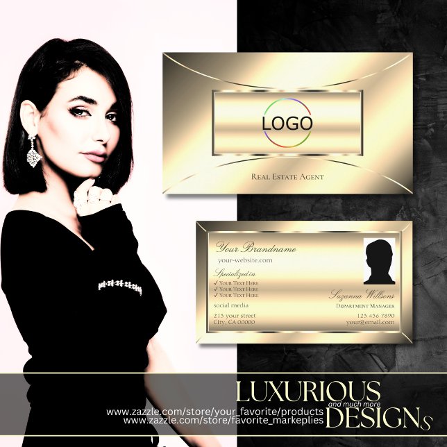 Luxury Golden Glamorous with Logo and Photo Modern Business Card (Creator Uploaded)